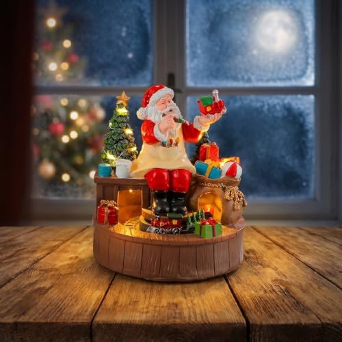 Ipetboom Santa Workshop Rotating Music Box - Resin Christmas Music Box - LED Light Up Musical Ornament for Indoor Festive Party, Holiday Home, Battery Powered Display