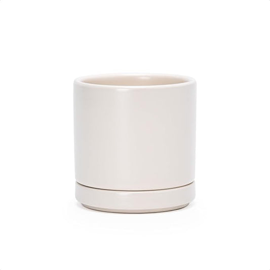 D'vine Dev 3.5 Inch Ceramic Planter Pot, Oatmeal, 94-O-A-8 | Modern Cylinder Design, Drainage Hole & Saucer Included, Stable Structure, Elegant Home Accent