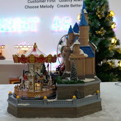 Christmas Village House, with Flying Reindeer, Rotating Christmas Tree,Animated Christmas Village, Carousel and Ferris Wheel, LED Lights 59x37x47cm