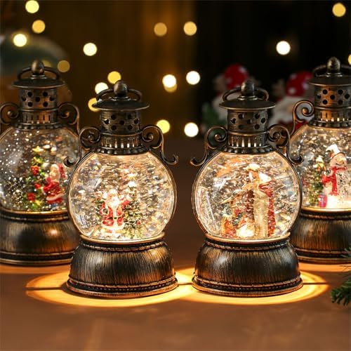 Christmas Snow Globe Lantern, Christmas Snow Globes with Rotating Base, Glitter Swirling Musical Box with Musical LED Lights, Battery Operated & USB Powered Christmas Lanterns for Table Party Decor