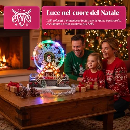 Avilia Joywheel Animated Ferris Wheel for Christmas Village, Christmas Carousel with Colorful LED Lights and Music, Battery Operated Hand Painted Decoration for Home, Table or Unique Holiday Gift