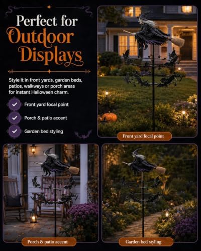 The Enchanted Witch Garden Wind Spinner, Halloween Outdoor Metal Yard Stake with Flying Witch and Bat Rings, Kinetic Yard Decor for Lawn, Patio, Front Porch and Seasonal Garden Display