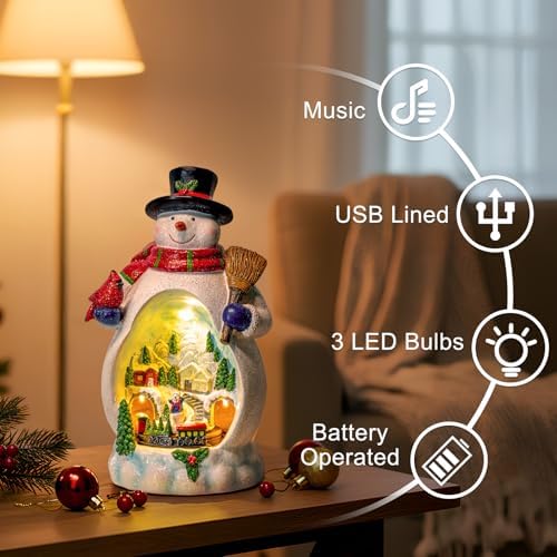 ZQQLITE Animated Collection Figurines Musical Christmas Snowman &Cardinal Village Houses with Rotating Train, Lighted Christmas Collection Figurines for Home Tabletop Decorations Ornaments Gifts