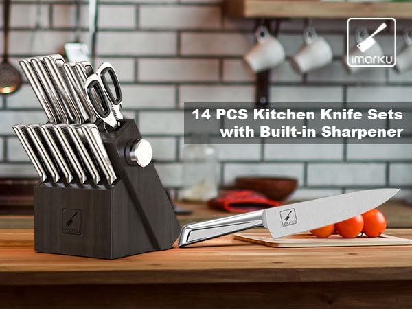 imarku Knife Set with Knife Block, 14-Piece High Carbon Stainless Steel Kitchen Knives with Built-in Sharpener, Dishwasher Safe,Ideal for Home or Wedding Gifts