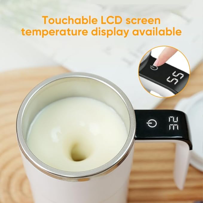 Magnetic Automatic Stirring Coffee Mug, Temperature Display Electric Self Stirring Home Office Travel Mixing Cups, Stainless Steel Automatic Stirring Mug for Coffee, Milk, Tea & Hot Chocolate (White)