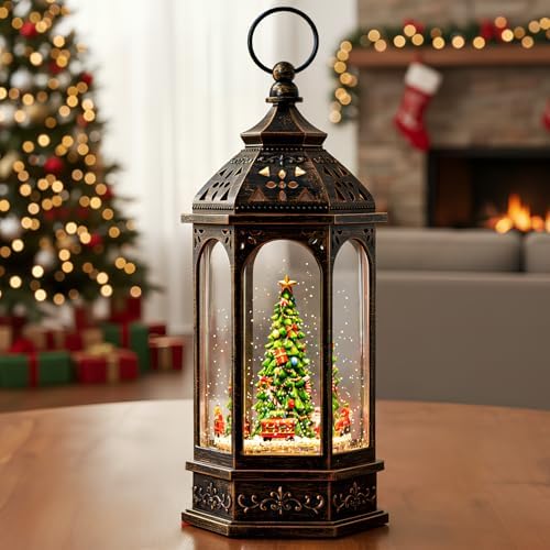 VISFLAIR 12.8'' Christmas Snow Globe, Santa Train Will Rotate Around The Christmas Tree with Musics Swirling Glitter Water Lantern Decoration for Home, Battery Operated or USB Powered