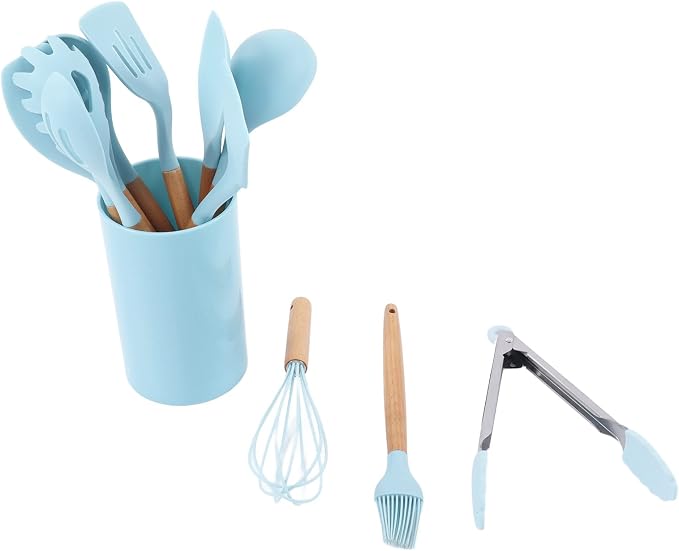 12PCS Kitchen Utensil Set, Non Stick Cooking Utensils with Wooden Handle, Silicone Kitchenware for Cooking Baking and Frying, Includes 12 Essential Tools for Home Restaurant and Pa