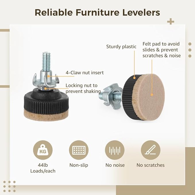 24-Pack Adjustable Furniture Levelers With Lock Nut, Felt Protectors, And Heavy-Duty Screw-In Legs For Tables, Chairs, Sofas