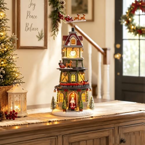 MUMTOP Christmas Village Clock Tower with Animated Reindeer, Light Up Bell Tower and Moving Train with Music for Indoor Holiday Xmas Tabletop Decor