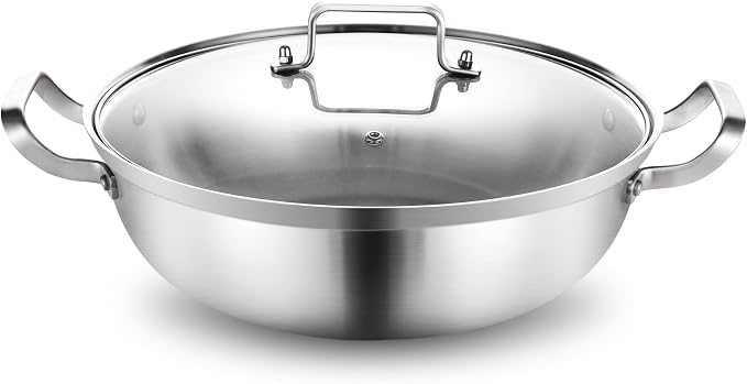 Delarlo Tri-Ply Stainless Steel Hot Pot 14 inch Everyday pan With lid,7QT | Everything Pan, Durable Deep Saute Pan, Induction Cooking Pot,Woks & Stir-Fry Pans Oven Safe Stock Pot