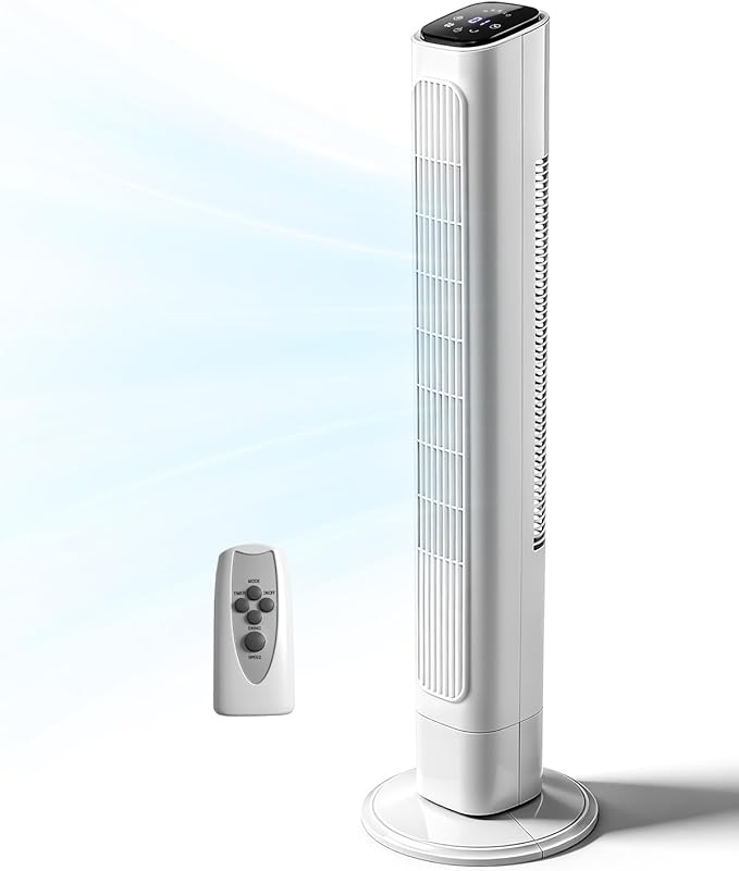 Winado 36" Bladeless Tower Fan, Portable Floor Fan with Remote Control, LED Display, Adjustable 90° Oscillating, 3 Speeds, 3 Modes & 9H Timer, Ultra-Quiet Cooling Fan for Home Office Bedroom, White
