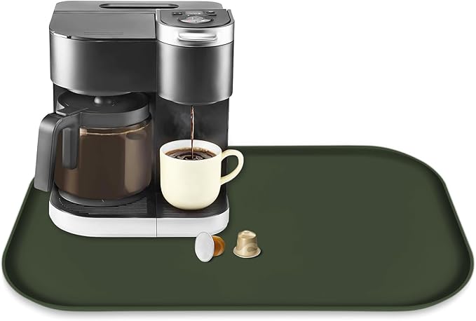 TOHONFOO Silicone Coffee Maker Mat with Lip, 24'' x 16'' Heavy Duty Coffee Maker Mat for Countertops, Coffee Tray Fit Under Coffee Machine Appliance Automatic Machines Espresso Accessory, Dark Olive