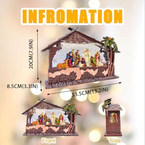 13.2''Nativity Christmas Snow Globe Lantern - Cottage & Nativity Scene (Jesus Birth), Lighted with Swirling Glitter, USB Powered, Plays Music, Holiday Decoration & Festive Gift