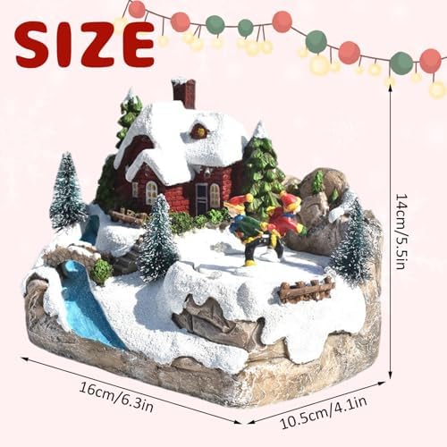 Gcroet Christmas Village Houses LED Lights Sweet Music Christmas Houses with Rotate Skiing Kids Battery Operated & Rechargeable for Kids Adults, 6.3x4.1x5.5 inch
