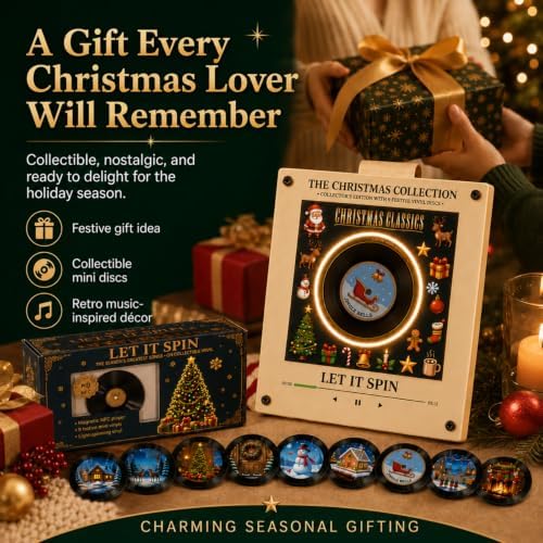 Christmas Mini Vinyl Player with 9 Records, NFC Fridge Magnet (J1PC)