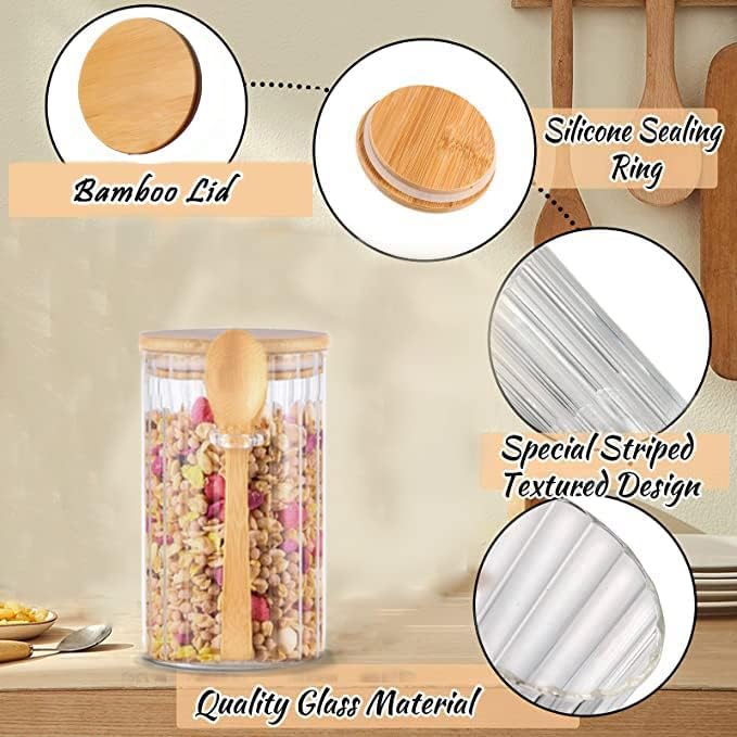 Steviieden 24 FL OZ Airtight Glass Jar with Bamboo Spoons Lids Overnight Oats Container Decorative Coffee Bar Food Storage Jar Cereal Nuts Salts Coffee Tea Flour Sugar Container Spice Jar
