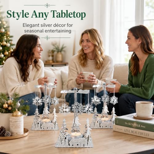 Winter Cabin Silver Holiday Candle Spinners Set of 3, Silver Plated Laser Cut Christmas Tea Light Candle Holders with Cabin, Trees & Snowflake Charms, Spinning Winter Scene Table Decor, 5 Inch