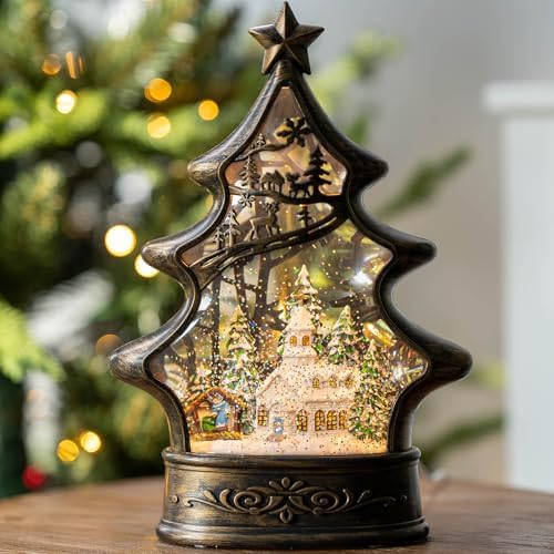 Musical Snow Globe Christmas Tree Lantern Lighted Church with Nativity Manger Scene Water Lantern in Swirling Glitter, Christmas Home Decoration and Gift, Battery Operated or USB Powered