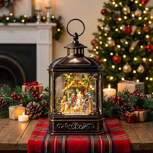 Christmas Snow Globe Lantern Lighted Adoration of The Magi Nativity Manger Scene, Musical Water Lantern Play Silent Night Music in Swirling Glitter, Holiday Decorations Gift