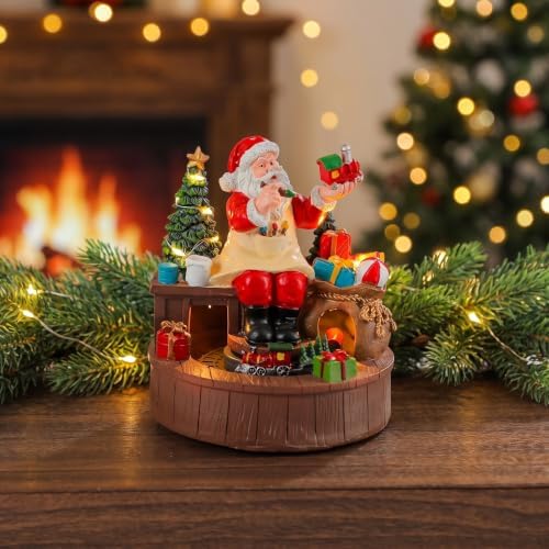 Ipetboom Santa Workshop Rotating Music Box - Resin Christmas Music Box - LED Light Up Musical Ornament for Indoor Festive Party, Holiday Home, Battery Powered Display