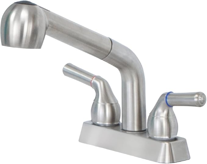 JS Jackson Supplies Dual Handle Pull Out Faucet, Stainless Steel Finish, 4 Inch Center Set, Universal Utility Sink or Laundry Tub ABS Plastic Faucet with Spray Setting