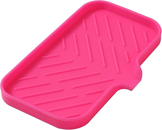 MicoYang Silicone Soap Dish with Drain Spout — Self-Draining Sink Organizer Tray for Bathroom & Kitchen, Sponges, Dispensers & Soap Holder, Non-Slip & Dishwasher Safe, Rose (Medium, 9.6"×5.3")