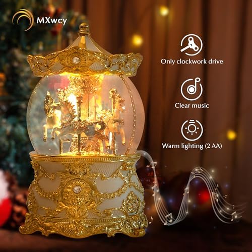 Carousel Music Box Gold & Ivory Christmas Snow Globes, 8.3" Rotate Carousel Snow Globe for Kids & Adults, Classic Wind up Musical Snow Globe Birthday Gifts for Women Girls, Carousel Horse Home Decor