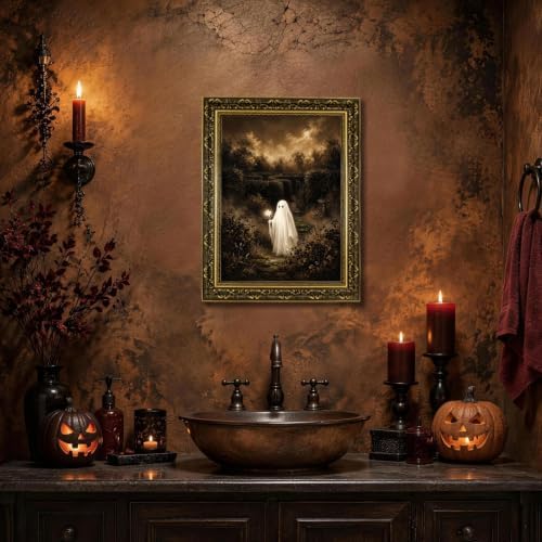 Gold Vintage Framed Ghost Wall Art, Whimsical Halloween Nature Print