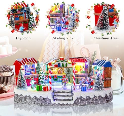 MUMTOP Christmas Village Skating Rink with Moving Skaters, Light Up Animated Ice Skating and Toy Shop with Music for Indoor Holiday Xmas Tabletop Decor
