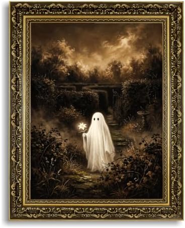 Gold Vintage Framed Ghost Wall Art, Whimsical Halloween Nature Print