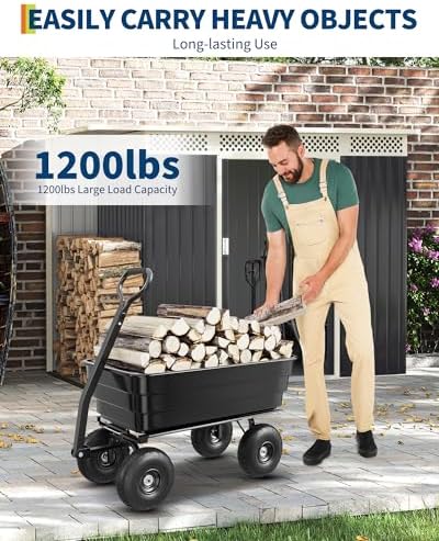 Heavy-Duty 1200 lb (125L) 10 Cu.Ft. Poly Garden Dump Cart with 180° Pivot Handle, 13" No-Flat Tires & Quick-Release Dump – All-Terrain Yard Cart in Black