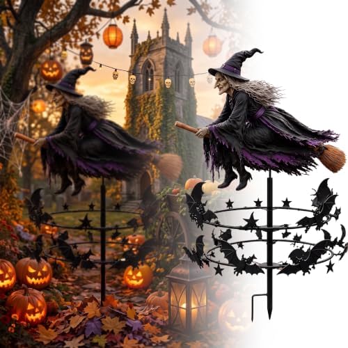 The Enchanted Witch Garden Wind Spinner, Metal Halloween Yard Art Outdoor Garden Decor, Outdoor Garden Stake Decoration, Halloween Lawn Ornament Wind Spinners for Halloween Yard Patio Pathway (1 Set)