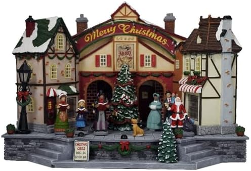 Christmas Village House Decoration, Colourful LED Lights Light Up Buildings, with Rotating Scene, Multi-Color LED Lights, Christmas Cinema Scence, Music Rendering Atmosphere