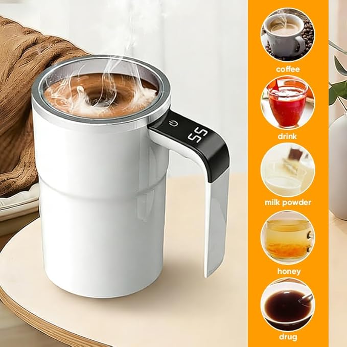 Magnetic Automatic Stirring Coffee Mug, Temperature Display Electric Self Stirring Home Office Travel Mixing Cups, Stainless Steel Automatic Stirring Mug for Coffee, Milk, Tea & Hot Chocolate (White)