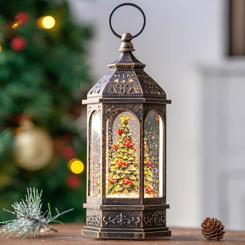 Lighted Christmas Tree Cardinal Music Snow Globe Water Lantern with Swirling Glitter Decoration for Christmas Home, Living Room, Battery Operated or USB Powered