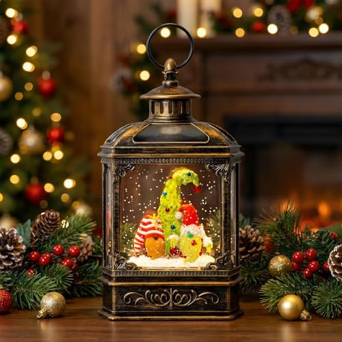 VISFLAIR Musical Snow Globe Lantern Lighted Whimsical Christmas Tree & Gnomes Scandinavian Santa Elf Water Lantern with Swirling Glittering Home Decoration and Gift, Battery Operated or USB Powered
