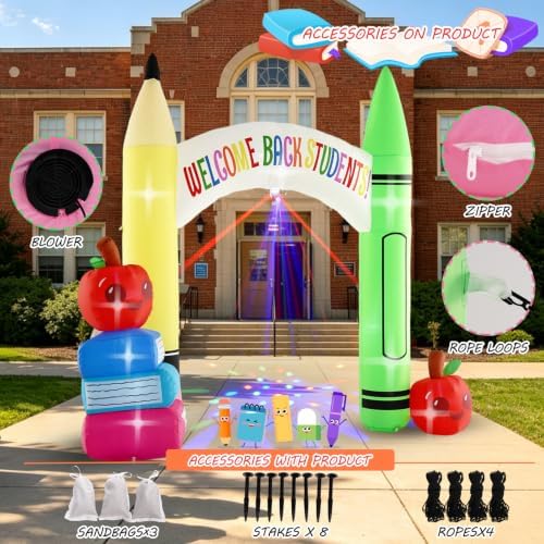 10FT Back to School Inflatable Archway Outdoor Decoration with Color Rotating Lights, Waterproof Blow Up Pencil Yard Lawn Patio First Day of School Party Decoration for Kindergarten Elementary School