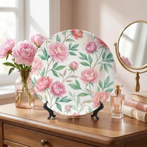 Peony Decorative Plates 8 Inch Watercolor Summer Floral Wall Art with Display Stand