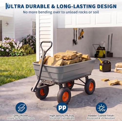 Heavy-Duty 1200 lb Poly Garden Dump Cart with 180° Adjustable Handle, Quick-Release Dump & All-Terrain Utility Wagon – Gray Bucket with Orange Rims