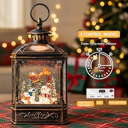 VISFLAIR Christmas Snow Globe Lighted Church & Flying Santa Scene, Musical Snow Water Lantern Swirling Glittering Home Decoration and Gift, Battery Operated or USB Powered