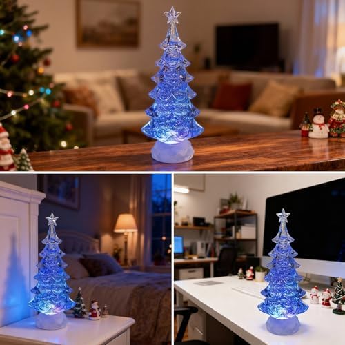Snow Globe Christmas Tree - 12.4" Lighted Christmas Snow Globe Lantern with Color Changing LED, Battery/USB Operated Timer Crystal Tree Indoor Holiday Decor Gift