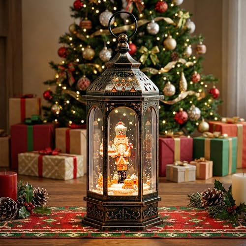 12.8'' Christmas Gingerbread Nutcracker Snow Globe Lantern, Lighted Animated Rotating Train with Musics Swirling Glitter Water Lantern Decoration for Home
