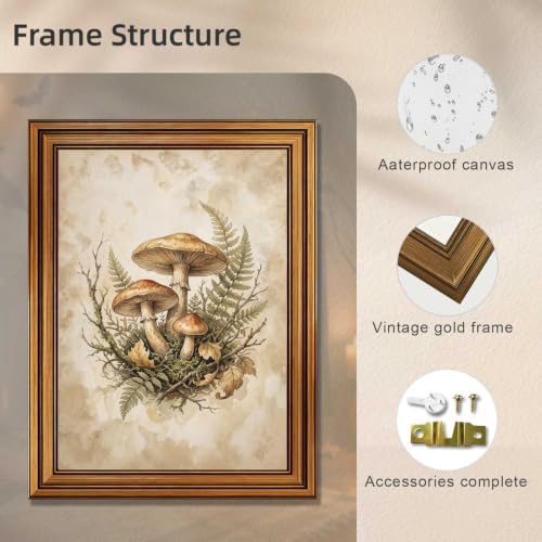 Mushroom Forest Wall Art, Gold Vintage Framed Halloween Decor Print