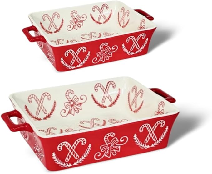 Domini Casserole Dishes for Oven, Ceramic Baking Dishes for Oven Set of 2, Lasagna Pan Deep, Baking Pan Set Square Casserole Dish Set with Handles for Baking, Pattern Red(11.4+8.5inch) Christmas