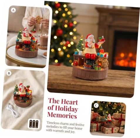 DOITOOL Musical Box and LED Warm Light with Rotating Santa Figurine Christmas Resin Xmas Music Box Battery Operated Glowing Centerpiece for Indoor Holiday Setting