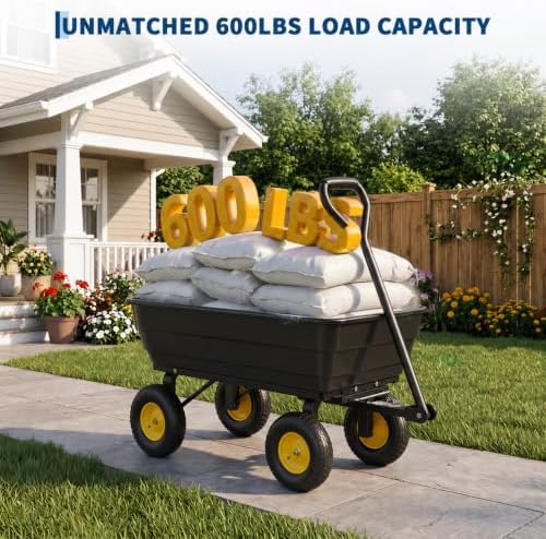 Heavy-Duty 1200 lb Poly Garden Dump Cart with 180° Adjustable Handle, Quick-Release Dump & All-Terrain Utility Wagon – Black Bucket with Yellow Rims