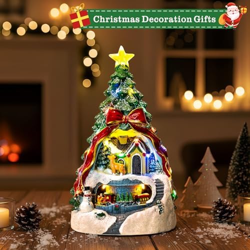 ZQQLITE Animated Collection Figurines Musical Christmas Tree Spinning Train Deer Snowman with Rotating Train, Lighted Christmas Collection Figurines for Home Tabletop Decorations Ornaments Gifts