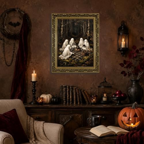Gold Vintage Framed Ghost Picnic Wall Art, Whimsical Halloween Forest Print