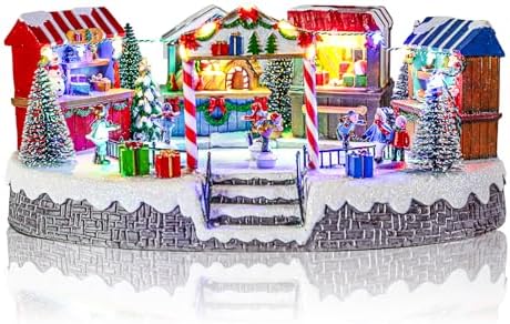 MUMTOP Christmas Village Skating Rink with Moving Skaters, Light Up Animated Ice Skating and Toy Shop with Music for Indoor Holiday Xmas Tabletop Decor