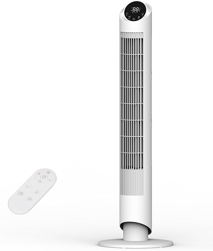 hykolity 40'' Tower Fan for Bedroom, 90° Oscillating Standing Fan, 28dB Ultra Quiet, 26ft/s Velocity Bladeless Floor Fan with 3 Speeds & 4 Modes, 12H Timer for Living Room, Home, Office, White
